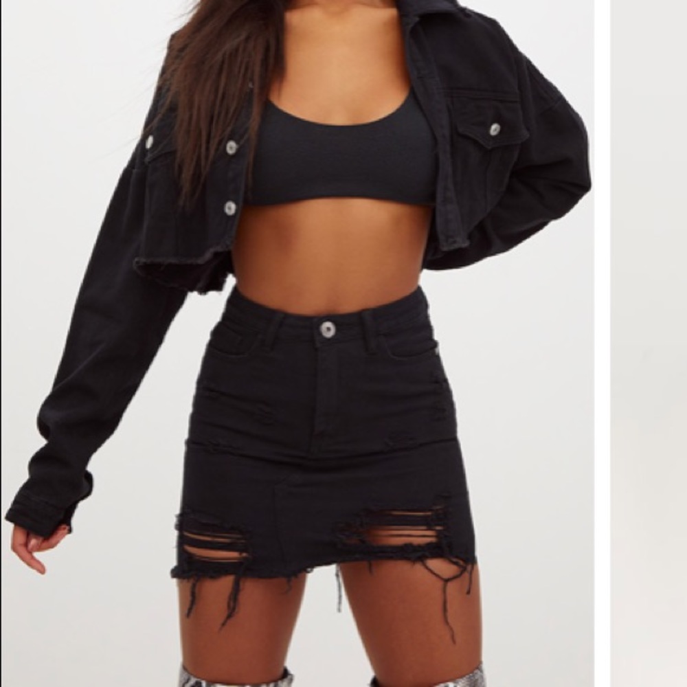 Black distressed denim skirt